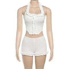 White Ruffle Frill Trim Crop Top And Bloomers Shorts Set