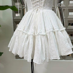 White Lace Up Spaghetti Strap Tiered Flared Mini Dress