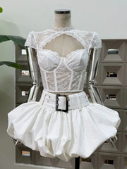Lace Sheer Corset Crop Top And Wide Belt Bubble Hem Skirt Set