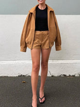 Brown Suede Zipper Jacket With Shorts