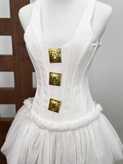 Sleeveless Metal Buckle Mesh Folds Mini Dress