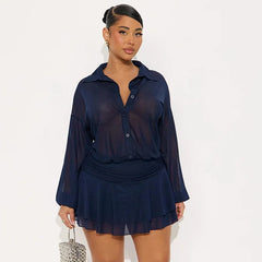 Button Up Collar Mesh See Through Long Sleeve Mini Dress