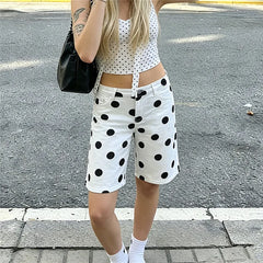 White Polka Dot Denim Bermuda Shorts