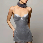 Silver Sequin Spaghetti Strap Fur Chocker Bodycon Mini Dress