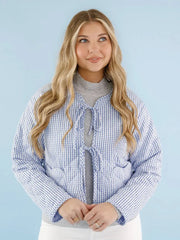 Blue Gingham Tie Up Padded Jacket