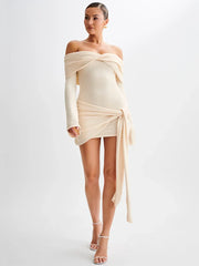 Off-shoulder Knit Mini  Long Sleeve Draped Dress