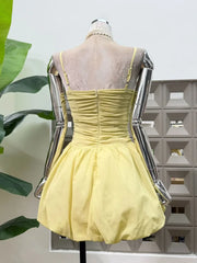 Spaghetti Strap Beaded Bust Ruched Waist Puff Hem Corset Mini Dress