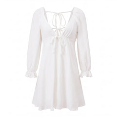 White Deep V-Neck Puff Long Sleeve Mini Dress