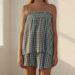 Gingham Babydoll Cami Tops And Wide Leg Shorts Set