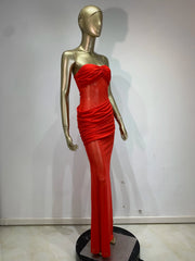 Red Strapless Mesh Ruched Maxi Dress