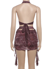 Print Metal Rings Halter Cross Tassel Mini Dress