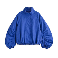 Blue High Neck Ruched Sleeve Adjustable Hem Jacket