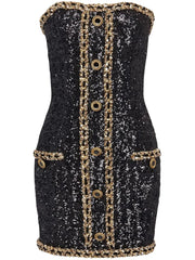 Black Sequin Gold Chain Strapless Mini Dress