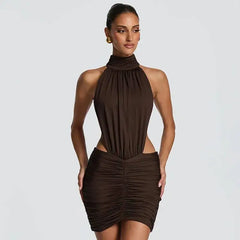 Bodycon Ruched Open-Back High-Neck Mini Dress
