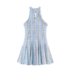 Blue Floral Stripes Print Sleeveless Mini Dress