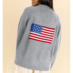 USA Ribbed Button-up Lapel V-Neck Loose Cadigan Flag Print