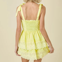 Lace Eyelet Layered Tie Up Mini Dress