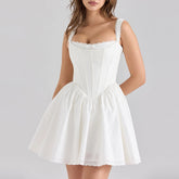 Women's white solid mini dress with a corset bodice and ruffled straps.
