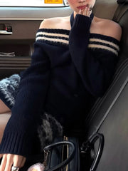 Off-Shoulder Sweater Strap Top And Knit Fuzzyh Mini Skirt