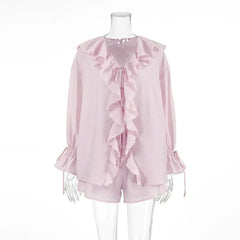 Ruffle Tie Up Shirt And Shorts Two Piece Set