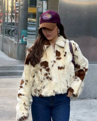 Animal Print Faux Fur Zip Short Coat