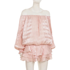 Satin Off Shoulder Lantern Sleeve Ruffled Mini Dress