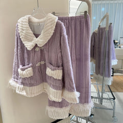 Fur Fleeve Long Sleeve Pocket Shirt And Pants Pajama Set