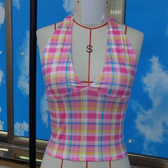Pink Plaid Halter Tank Top