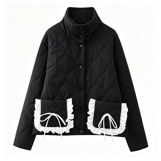 Black Quilted Jacket with Ruffle Bow Pockets