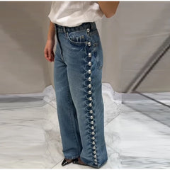 Side Studded Beading Straight Baggy High Waist Denim Pants