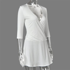 Solid 3/4 Sleeve Waist Tie V-Neck Wrap Mini Dress