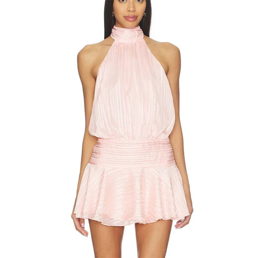 Satin Tie Neck Elastic Smocked Waist Open Back Mini Dress