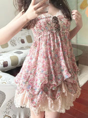 Pink Printed Bud Hem Smocked Strappy Mini Dress