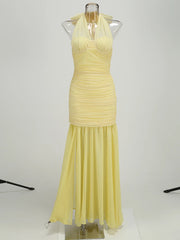 Yellow Halter Tie Up Ruched Mesh Maxi Dress