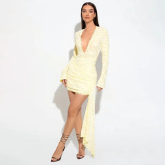 Yellow Deep V-neck Long Sleeve Lace Mini Dress