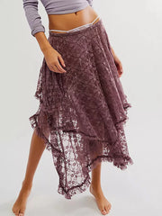 Lace Ruffle Sheer Asymmetrical Hemline Midi Skirt