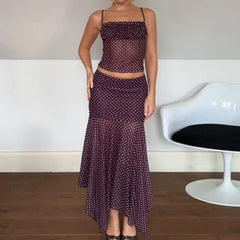 Purple Polka Dot Mesh Cami Crop Top And Irregular Hem Pencil Mid Skirts Set