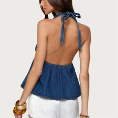 Denim Halter Tie Up Open Back Vest Top