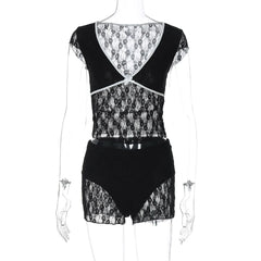 Pink Lace Crop Top And Shorts Set