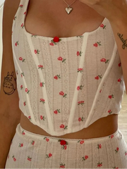 White Ribbed Rose Print Crop Corset And Midi Skirt Set