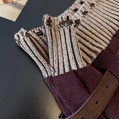 Patchwork Corduroy Pleated Mini Skirt with Belt