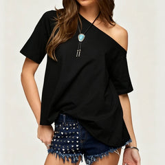 Off Shoulder Short Sleeve Distressed Tee