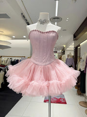 Beaded Neck Strapless Corset Tulle Flare Mini Dress