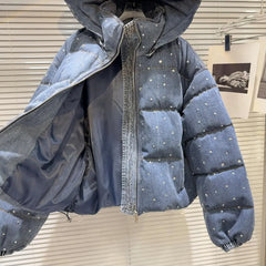 Diamond Denim Hooded Zipper Down Jacket