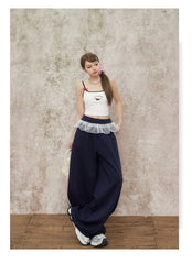 Navy Blue Wide Leg Elastic Waist Striped Sweatpants