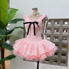 Bow Tie Mini Ponpon Fishbone Dress
