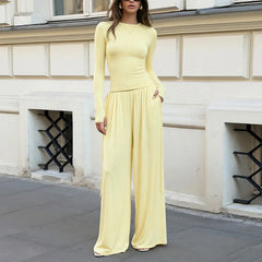 Long Sleeve Crop Top And Drawstring Wide Leg Pants Set