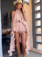 Pink Halter Ruffles Top And Mini Skirt Set