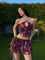 Purple Tie-Dye Tierred Halter Crop Tops And Tassel Mini Skirt Set