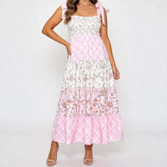 Pink Floral Plaid Tie-Shoulder Smocked Tiered Maxi Dress